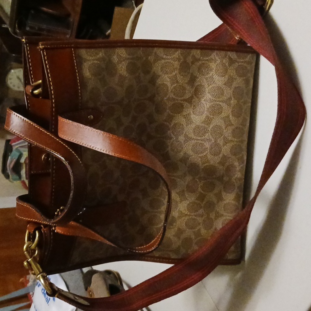 Coach Brown Signature Canvas Tote with Tan Leather Trim and Red Strap